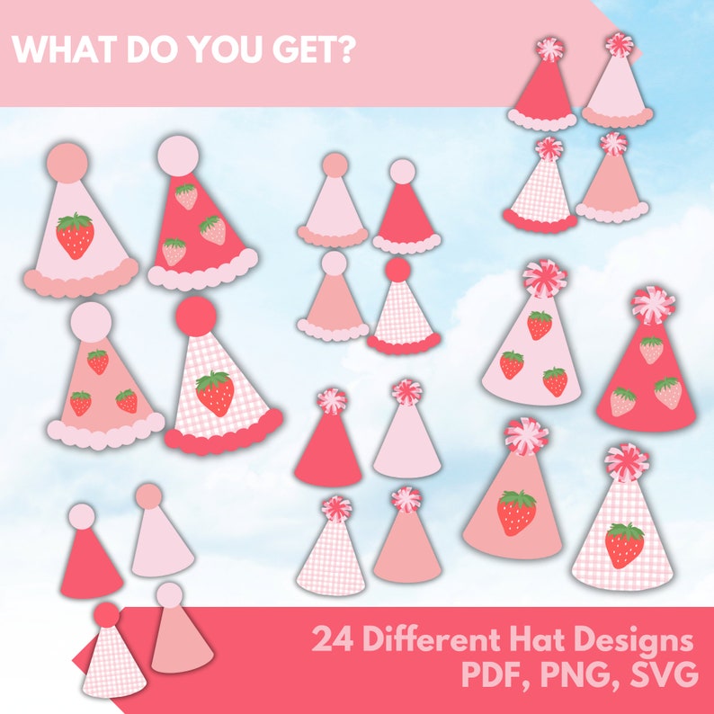 Puede incluir: Una colecci&oacute;n de 24 dise&ntilde;os diferentes de sombreros de fiesta en tonos rosas y rojos. Algunos sombreros presentan gr&aacute;ficos de fresas, patrones de cuadros y pompones decorativos. El texto dice "WHAT DO YOU GET?" y "24 Different Hat Designs PDF, PNG, SVG."