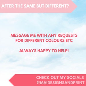 Puede incluir: Gr&aacute;fico con texto sobre un fondo de cielo azul. El texto dice "AFTER THE SAME BUT DIFFERENT?" y "MENSAJEAME CON CUALQUIER SOLICITUD DE DIFERENTES COLORES, ETC. &iexcl;SIEMPRE FELIZ DE AYUDAR!" con el identificador de redes sociales @MAIDESIGNSANDPRINT.