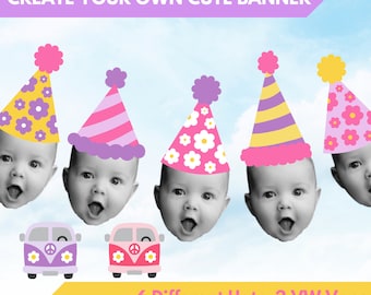 Kids Birthday Party Hat Banner | Groovy Theme Party Hat | Instant Download Banner | Kids Birthday Photo Banner Download | DIY Party Banner