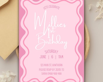 Pink gewellte Bordüre Einladung | Individuelles Design | Bearbeitbar | Druck oder Digital | Mädchen Hennen Brautparty | Spaß helle moderne niedliche Party einladen |