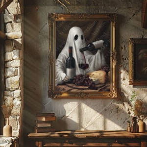 Pôster/tela de vinho bebendo fantasma, aqui para as BOOS, pôster vintage, impressão de pôster de arte, academia escura, fantasma assombrado, decoração de Halloween,