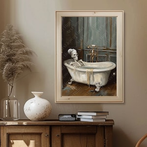 Pôster de pintura de esqueleto tomando banho, arte de parede vitoriana gótica, impressão de pôster de arte, academia escura, decoração de casa escura, decoração de parede de banheiro