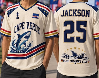 Personalized Cape Verde Blue Sharks Soccer Jersey, Custom Name and Number Atlantic Match Gear, Soccer Fan Jersey, Gift for Him, Her