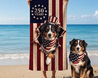 Personalized Dog Patriotic Beach Towel, Custom Photo USA 250 Years Freedom Flag 1776 2026, American Dog Beach Towel, 4th of July Dog Flag