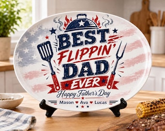 Personalized Best Flippin Dad Ever Grilling Plate, Custom American Flag BBQ Platter with Kids Names, Patriotic Father's Day Gift for Dad
