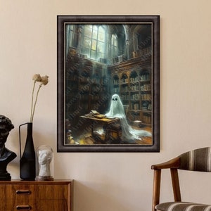 Fantasma lendo um livro pôster/tela, fantasma em uma rede na floresta botânica, pôster vintage, academia escura, impressão de pôster de arte de Halloween