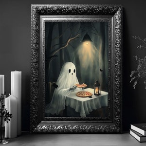 Pôster de pizza fantasma comendo, pôster vintage, impressão de pôster de arte, academia escura, tela fantasma assombrada, decoração de Halloween, presente para o Halloween