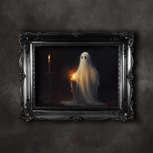 May include: A framed wall art piece featuring a white ghost figure draped in a sheet, holding a lit candle in a dark setting. Beside the ghost stands a tall, thin candle in a dark holder. The artwork is encased in an ornate, glossy black frame.