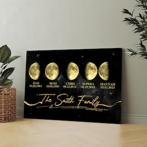 Può includere: Una stampa su tela nera con accenti dorati che presenta un design di fasi lunari. Ogni fase lunare rappresenta un membro della famiglia con il suo nome e la sua data di nascita. Il testo "The Smith Family" è scritto in corsivo dorato.