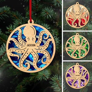Personalized Octopus Layered Wood Ornament, Custom Name Octopus Christmas Tree Ornament, Octopus Christmas Home Decor, Octopus Gift