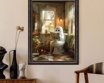 Ghost on Toilet Poster, Ghost in Bathroom, Dark Academia, Halloween Decoration, Bathroom Wall Art, Bathroom Decor, Victorian Oil Painting