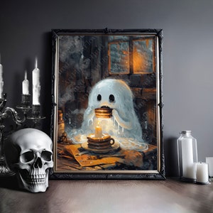 Geist Essen Pfannkuchen Vintage Kunst Poster | Dark Academia Haunting Ghost Leinwand | Halloween gerahmte Leinwand | Gruselige Halloween Geschenk Dekoration