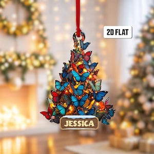 Personalized Butterfly 2D Flat Ornament, Butterfly Rearview Mirror Car Accessory, Butterfly Tree Christmas Ornament, Butterfly Xmas Gift