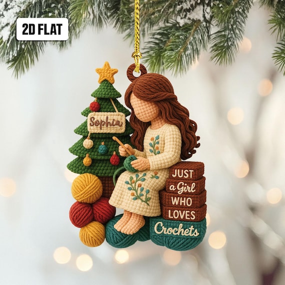 Personalized Crochet 2D Flat Ornament, Custom Crochet Christmas Tree Ornament, Knitting Ornament, Crochet Lover Gift for Mom, Grandma