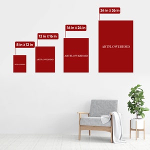 May include: Four rectangular dark red wall art prints labeled ARTFLOWERHMD in sizes 8 in x 12 in, 12 in x 16 in, 16 in x 24 in, and 24 in x 36 in. The prints are displayed in a row, showing the available dimensions for this specific wall art product.