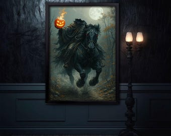 Headless Horseman Art Poster, Legend Sleepy Hollow, Halloween Samhain, Dark Gothic Horror Decor, Macabre Eerie Spooky Ghost Story Artwork