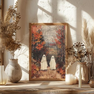 Póster/lienzo de pintura de otoño fantasma, impresión de arte imprimible de fantasma retro de otoño, academia oscura, linda decoración del hogar de Halloween, lienzo de marco de Halloween
