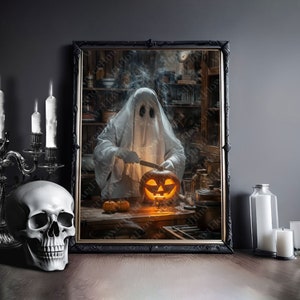 Fantasma esculpindo um pôster/tela de lanterna Jack O, decoração de Halloween, impressão de Halloween, impressão de pôster de arte escura, academia escura, fantasma assombrado