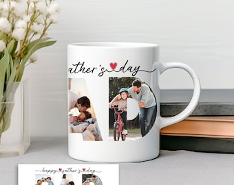 May include: White ceramic mug with the word "DAD" filled with family photos. The words "Father's Day" are written above the photos, with a red heart. A matching card with the same design is in front of the mug.