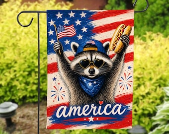 America Raccoon Garden Flag, Patriotic 4th of July Garden Flag, Retro USA Raccoon Hot Dog Flag, American Flag Yard Decor,Summer Outdoor Flag