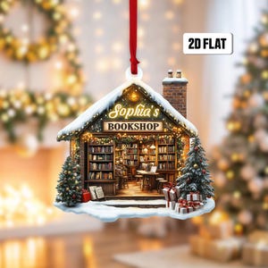 Personalized Bookshelf 2D Flat Ornament, Custom Book Christmas Tree Ornament, Book Christmas Home Decor, Xmas Gift for Book Lover