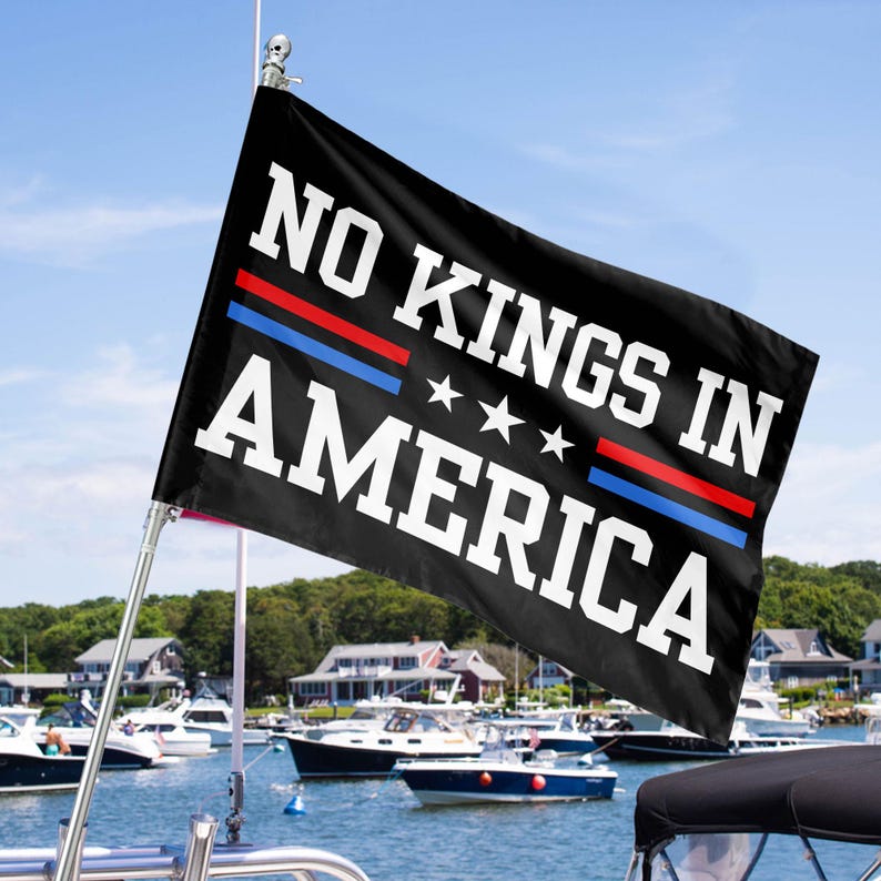 Puede incluir: Una bandera negra con texto blanco que dice "NO KINGS IN AMERICA". La bandera tiene rayas rojas y azules y estrellas blancas.