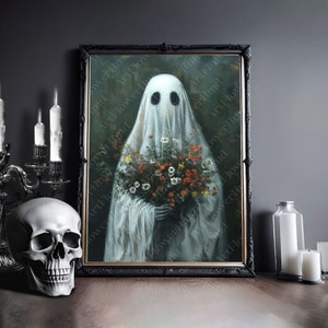 Ghost with Flowers  Poster, Cottagecore Poster, Halloween Poster Print, Dark Academia, Gothic Spooky, Halloween Art, Gothic Oil Painting