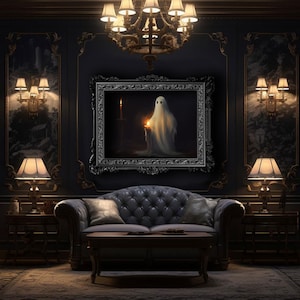 May include: A framed wall art piece featuring a white ghost holding a lit candle in a dark setting, displayed in a room with a tufted gray sofa, a wooden coffee table, two side tables with lamps, and a chandelier hanging from the ceiling.