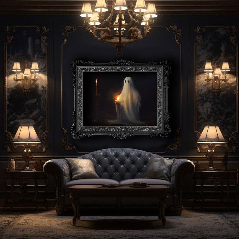May include: A framed wall art piece featuring a white ghost holding a lit candle in a dark setting, displayed in a room with a tufted gray sofa, a wooden coffee table, two side tables with lamps, and a chandelier hanging from the ceiling.