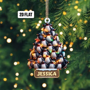 Personalized Adorable Penguin 2D Flat Christmas Ornament, Penguin Tree Rearview Mirror Car Accessories, Holiday Gift for Animal Lover