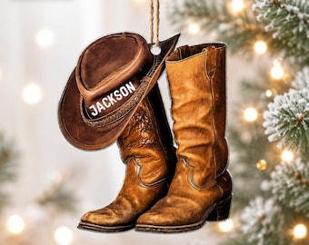 Personalize Cowboy Boots And Hat 2D Flat Christmas Ornament, Custom Name Western Horse Ornament, Horse Lover Ornament, Cowboy Cowgirl Gift