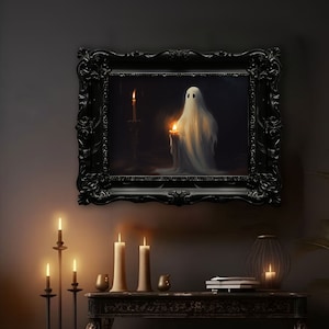 Ghost Holding A Candle, Vintage Poster, Ghost Art Poster Print, Dark Academia, Haunting Ghost, Halloween Framed Canvas, Gothic Oil Painting image 2