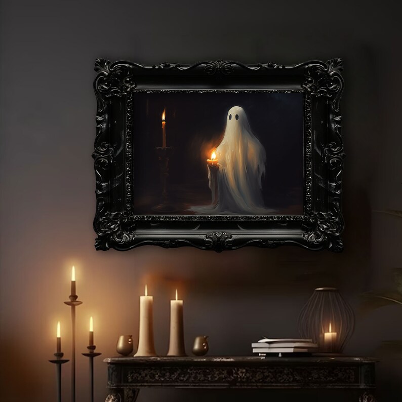 Ghost Holding A Candle, Vintage Poster, Ghost Art Poster Print, Dark Academia, Haunting Ghost, Halloween Framed Canvas, Gothic Oil Painting image 2