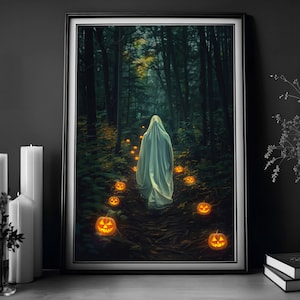 Ghost Down The Pumpkin Path Halloween-Dekoration, Halloween-Druck, dunkler Kunst Poster Druck, Dark Academia, Spukender Geist, viktorianisches Ölgemälde