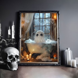 Ghost in Bathtub Poster, Wall Art Halloween Decor, Gothic Art, Dark Academia, Haunting Ghost Vintage Oil Painting Bubble Bath Ghost