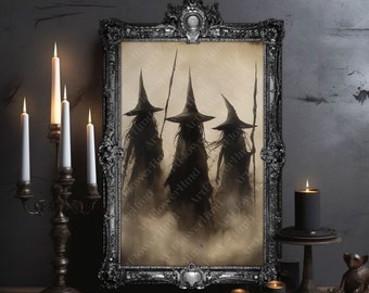 Three Witch Poster/Canvas, Witch Decor, Vintage Poster, Art Poster Print, Dark Academia, Gothic Victorian, Halloween Decor Gift