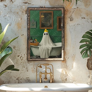 Ghost in Bathtub Poster, Wall Art Halloween Decor, Gothic Art, Dark Academia, Haunting Ghost Vintage Oil Painting Bubble Bath Ghost