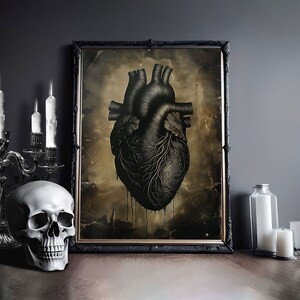 Pôster/tela de coração preto, pôster vintage, impressão de pôster de arte, academia escura, vitoriano gótico, coração anatômico, decoração de Halloween