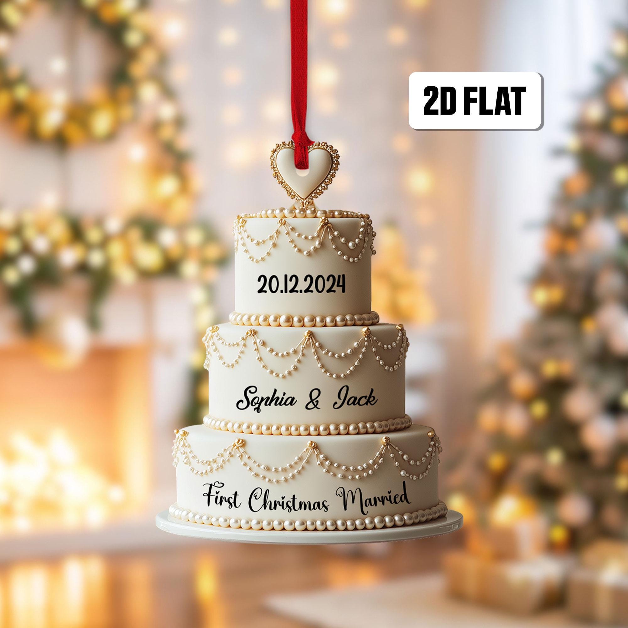 Personalized Wedding Cake 2D Flat Ornament, Custom Name Ornament, First Christmas Married Ornament, Mr Mrs Ornament, Gift for Him, Her