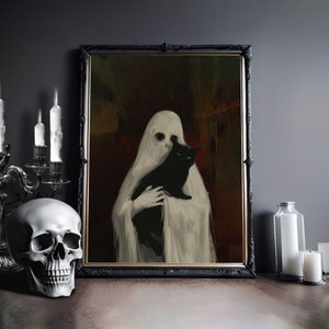 Fantasma segurando um cartaz de gato preto, impressão de cartaz de arte, academia escura, fantasma assombrado, tela de halloween de gato preto, decoração de halloween