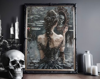 In The Mirror, Victorian Lady Art Print, Gothic Home Decor, Witchy Prints, Vintage Poster, Art Poster Print, Spooky Decor, Dark Cottagecore