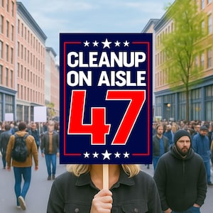 K&ouml;nnte beinhalten: Eine Person h&auml;lt ein Schild mit den Worten "CLEANUP ON AISLE 47" in Wei&szlig; und Rot auf einem marineblauen Hintergrund. Das Schild hat einen roten Rand und wei&szlig;e Sterne. Im Hintergrund ist eine Menschenmenge zu sehen.