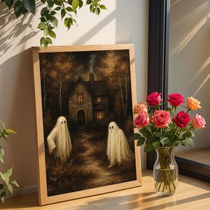 Dark Cottage with Ghosts Print, Printable Vintage Halloween Wall Art, Dark Cottagecore Print, Rustic Farmhouse Art, Dark Academia Decor