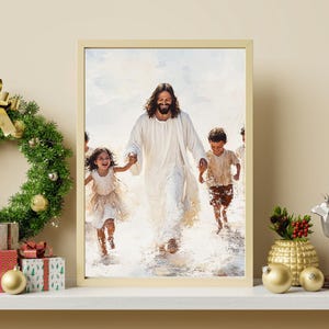 Póster y lienzo de Jesús jugando con niños, regalo de arte cristiano para líder de la iglesia, regalo de Navidad, arte de pared cristiano, decoración navideña de Jesús