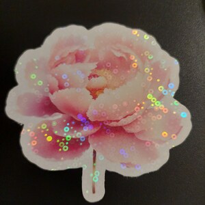 Pink Peony Flower Waterproof vinyl sticker, laptop decal, water bottle decor, holographic,