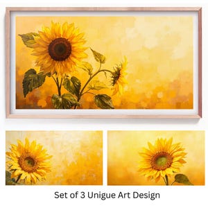 Könnte beinhalten: Ein Set aus drei Sonnenblumenbildern in einem gelben und braunen Farbschema. Das erste Bild zeigt zwei Sonnenblumen mit grünen Blättern vor einem gelben Hintergrund. Das zweite und dritte Bild zeigen eine einzelne Sonnenblume vor einem gelben Hintergrund.