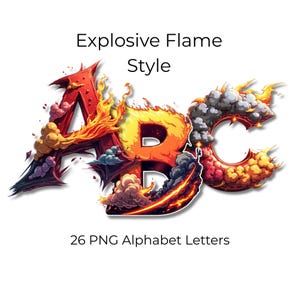 May include: A digital graphic of the letters A, B, and C in a fiery, explosive flame style. The letters are red, orange, yellow, and gray, with a smoky effect. The text "Explosive Flame Style" and "26 PNG Alphabet Letters" are also present.