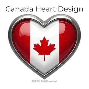 Könnte beinhalten: Ein herzförmiges Design mit der kanadischen Flagge, mit einem roten Ahornblatt auf weißem Grund zwischen zwei roten vertikalen Streifen, eingefasst in einem silbernen Rahmen. Der Text "Canada Heart Design" steht oben.