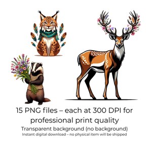 Könnte beinhalten: Digitale Illustrationen eines Luchses, eines Hirsches mit floralem Geweih und eines Dachses, der Blumen hält. Der Luchs trägt einen türkisfarbenen Schal und der Dachs trägt eine Strickweste. Der Text lautet "15 PNG-Dateien - jeweils mit 300 DPI für professionelle Druckqualität".