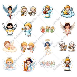 Könnte beinhalten: Eine Sammlung von Cartoon-Engel-Illustrationen. Engel werden mit Heiligenscheinen, Flügeln und verschiedenen Instrumenten dargestellt, darunter Harfen und Trompeten. Einige Engel halten Sterne oder Geschenke. Die Farbpalette umfasst Weiß, Gold und Pastelltöne.
